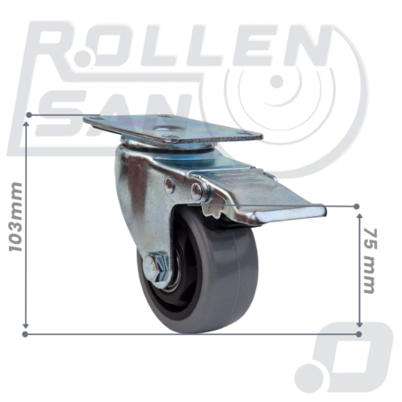 Roulette Pivotante Gris plaque Avec Frein 75mm