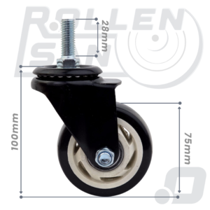 Roulette Pivotante Noir Tige M12 Sans Frein 75mm