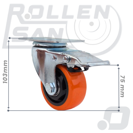 Roulette Pivotante Orange plaque Avec Frein 75mm