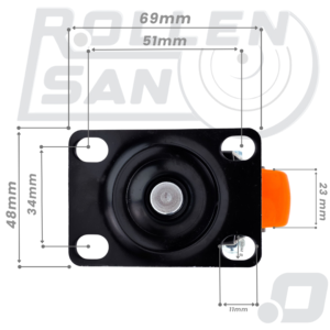 Roulette Pivotante Orange plaque Sans Frein 50mm