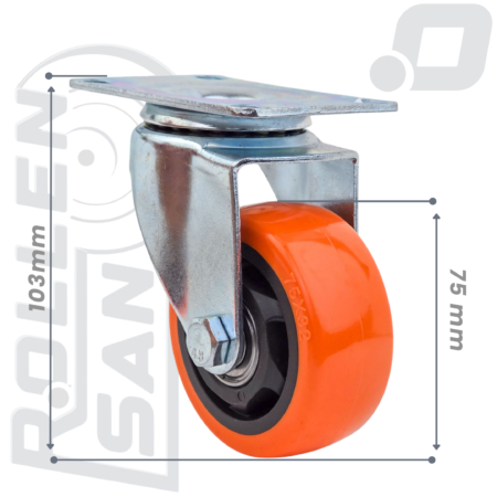 Roulette Pivotante Orange plaque Sans Frein 75mm
