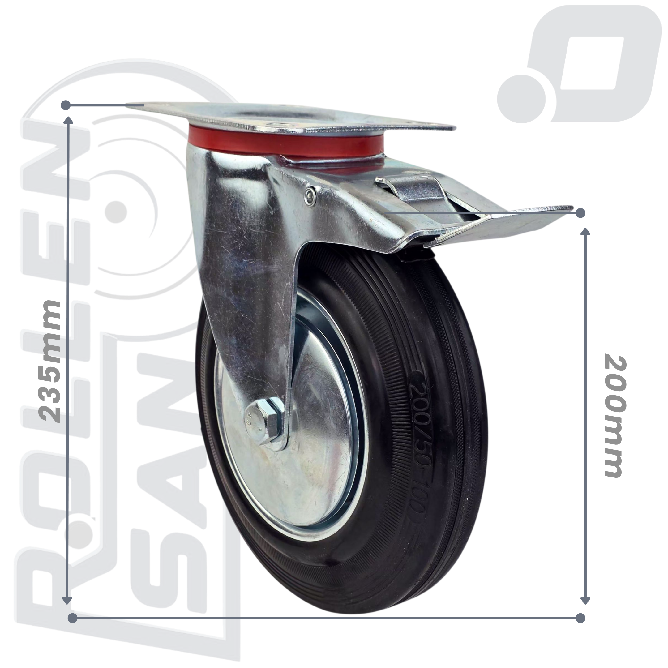 Roulette Pivotante Caoutchouc Avec Frein 200mm