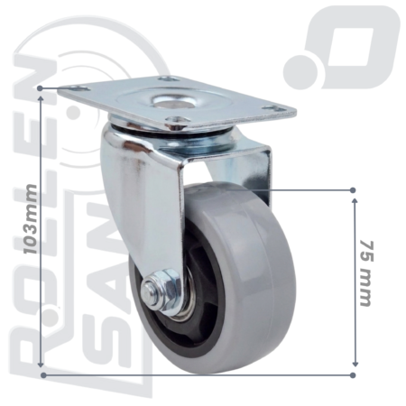 Roulette Pivotante Gris plaque Sans Frein 75mm Rollensan . com (3)